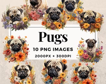 10 Pugs Clipart Pack INSTANT DOWNLOAD 10 Adorable Pug Illustrations, PNG Transparent Background, Personal & Commercial Use. THS003