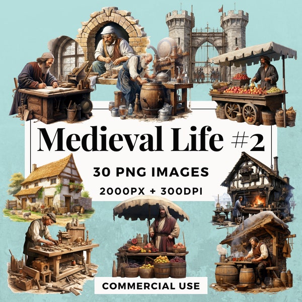 30 Medieval Life #2 Clipart Pack INSTANT DOWNLOAD 30 Medieval Life Illustrations, PNG Transparent Background, Commercial Use. THS004