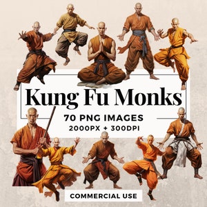 70 Kung Fu Monks Clipart Pack DOWNLOAD IMMEDIATO 70 illustrazioni di monaci Kung Fu, sfondo PNG trasparente, uso personale e commerciale. THS003