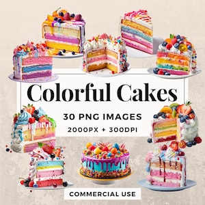 30 Bunte Kuchen Clipart Pack SOFORTIGER DOWNLOAD 30 Lebendige Kuchen Illustrationen, PNG transparenten Hintergrund, persönliche und kommerzielle Nutzung. THS003
