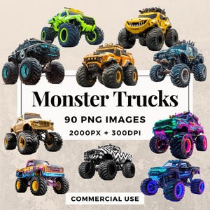 90 Monster Trucks Clipart Pack INSTANT DOWNLOAD 90 colorful truck illustrations, PNG, transparent background, commercial use. THS003