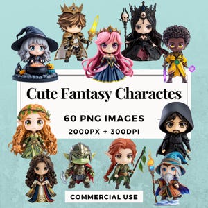 60 simpatici personaggi fantasy clipart pack DOWNLOAD IMMEDIATO 60 adorabili illustrazioni fantasy, sfondo trasparente PNG, uso personale. THS004