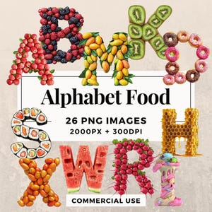 Paquete de 26 imágenes prediseñadas de alimentos con el alfabeto DESCARGA INSTANTÁNEA 26 letras con temática de alimentos, fondo transparente PNG, uso personal y comercial. THS003