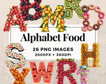 26 Alphabet Food Clipart Pack INSTANT DOWNLOAD 26 Food-Themed Letters, PNG Transparent Background, Personal & Commercial Use. THS003