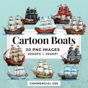 20 Cartoon Boats Clipart Pack INSTANT DOWNLOAD 20 Colorful Cartoon Boat Illustrations, PNG Transparent Background, Commercial Use. THS004
