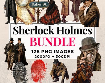 128 Sherlock Holmes Clipart Bundle - Instant Download, Detective Illustrations, PNG Images, Transparent Background, Commercial Use. THS003