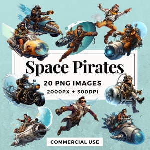 20 Space Pirates Clipart Pack INSTANT DOWNLOAD 20 Cosmic Pirate Illustrations, PNG Transparent Background, Personal & Commercial Use. THS004
