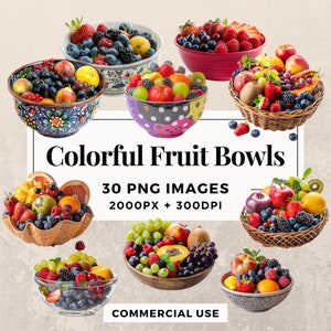 Pack de 30 cliparts colorés de bols de fruits TÉLÉCHARGEMENT IMMÉDIAT 30 illustrations de bols de fruits colorés, arrière-plan PNG transparent, usage commercial. THS003