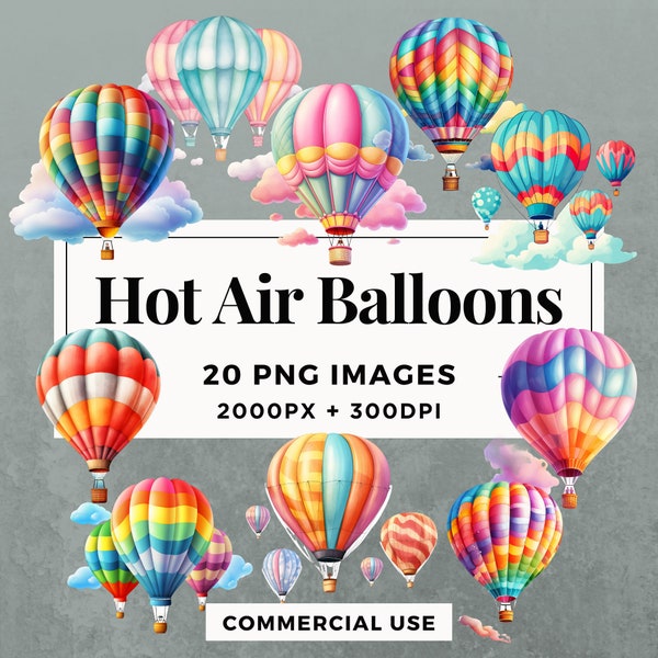 20 Hot Air Balloons Clipart Pack INSTANT DOWNLOAD 20 Hot Air Balloon Illustrations, PNG Transparent Background, Commercial Use. THS001