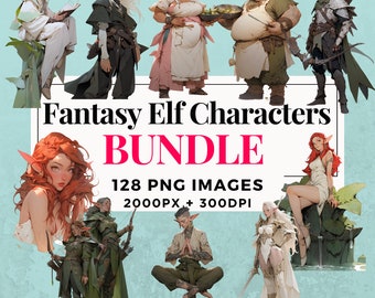 128 Fantasy Elf Characters Clipart Bundle - Instant Download, Elven Illustrations, PNG Images, Transparent Background,Commercial Use. THS004