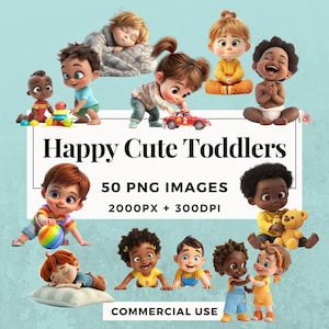 50 Happy Cute Toddlers Clipart Pack INSTANT DOWNLOAD 50 Adorable Child Illustrations, PNG Transparent Background, Commercial Use. THS004 image 1