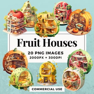 Pacchetto di clipart 20 Fruit Houses DOWNLOAD IMMEDIATO 20 illustrazioni di abitazioni a forma di frutta, sfondo PNG trasparente, uso commerciale. THS004