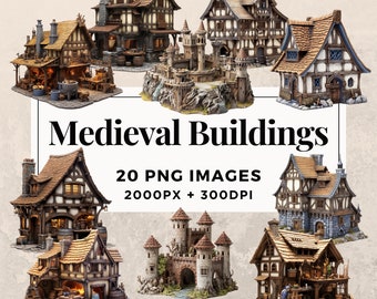 20 Medieval Buildings Clipart Pack INSTANT DOWNLOAD 20 Historical Structures, PNG Transparent Background, Personal & Commercial Use. THS003