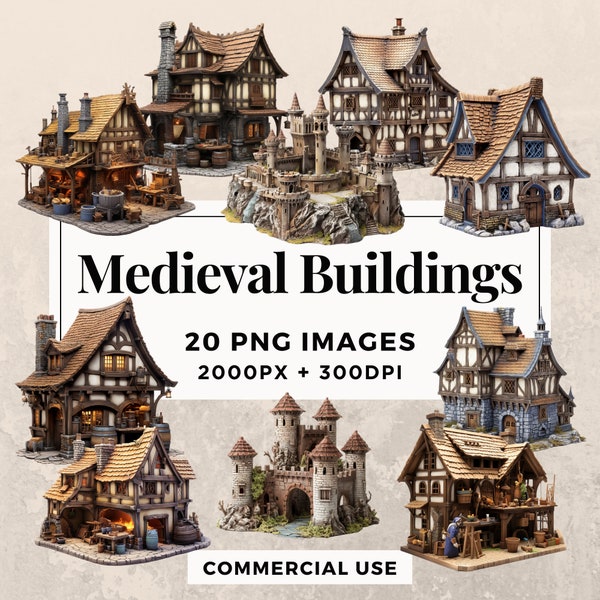 20 Medieval Buildings Clipart Pack INSTANT DOWNLOAD 20 Historical Structures, PNG Transparent Background, Personal & Commercial Use. THS003