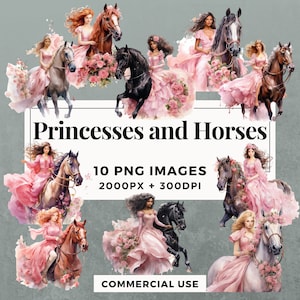 10 Princesses and Horses Clipart Pack - INSTANT DOWNLOAD, PNG Transparent Background, Personal & Commercial Use. THS001