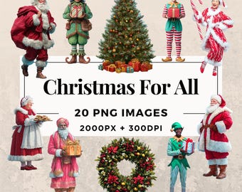 May include: A digital illustration featuring various Christmas characters, including Santa Claus, elves, and a woman in a festive outfit. A Christmas tree and wreath are also present. The text "Christmas For All" is displayed.