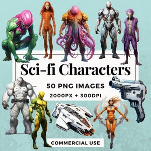 50 personnages de science-fiction Clipart Pack TÉLÉCHARGEMENT INSTANTANÉ 50 illustrations de personnages futuristes, fond transparent PNG, utilisation commerciale. THS004