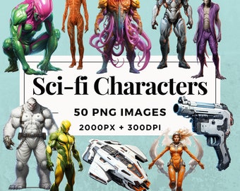 50 の SF キャラクター クリップアート パック 即時ダウンロード 50 の未来的なキャラクターのイラスト、PNG 透明背景、商用利用可。THS004
