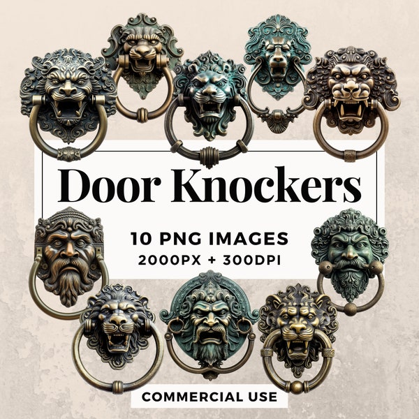 10 Door Knockers Clipart Pack INSTANT DOWNLOAD 10 Intricate Door Knocker Illustrations, PNG Transparent Background, Commercial Use. THS003