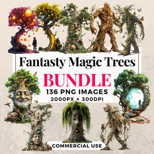 Paquete de imágenes prediseñadas de 136 Fantasy Magic Trees - Descarga instantánea, imágenes PNG, fondo transparente, uso personal y comercial. THS003