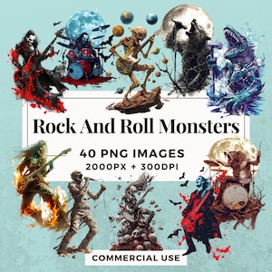 40 Rock'n'Roll-Monster Clipart Paket INSTANT DOWNLOAD 40 Monster Illustrationen, PNG transparenten Hintergrund, kommerzielle Nutzung. THS004