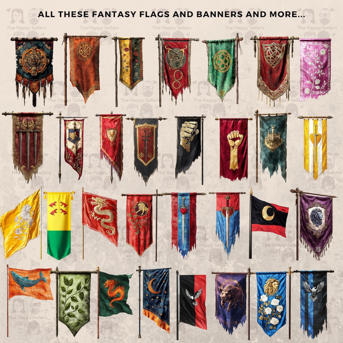 130 Fantasy Flags and Banners Clipart Bundle - Instant Download, PNG ...