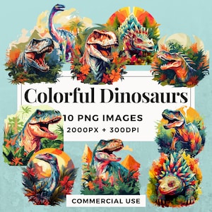 10 Colorful Dinosaurs Clipart Pack INSTANT DOWNLOAD 10 Vibrant Dinosaur Illustrations, PNG Transparent Background, Commercial Use. THS004