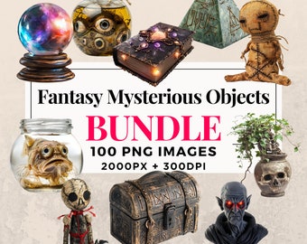 May include: A collection of 100 fantasy and mysterious objects, including a crystal ball, a jar with eyeballs, a book with glowing gems, a pyramid, a voodoo doll, a jar with a fish, a wooden chest, a skull planter with a bonsai tree, and a bust of a vampire.  The images are 2000 pixels by 300 DPI and are available for commercial use.