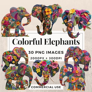 30 Paquete de imágenes prediseñadas de elefantes coloridos DESCARGA INSTANTE 30 ilustraciones de elefantes vibrantes, fondo transparente PNG, uso comercial. THS003