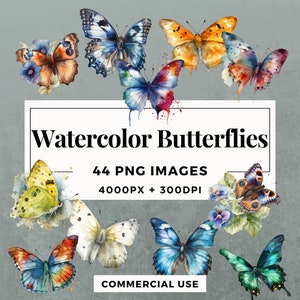 44 Aquarell Schmetterlinge Clipart Pack SOFORTIGER DOWNLOAD Schmetterling Kunst, PNG transparente Hintergrundbilder, kommerzielle und persönliche Nutzung. THS001