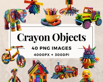 40 個のクレヨン オブジェクト クリップアート パック 即時ダウンロード カラフルなクレヨンのイラスト、PNG 透明背景、個人および商業利用。THS003