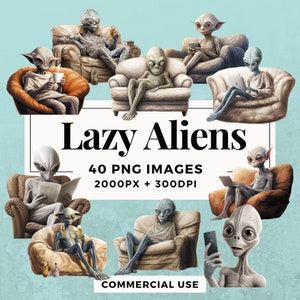 40 Lazy Aliens Clipart Pack INSTANT DOWNLOAD 40 Laid-Back Alien Illustrations, PNG Transparent Background, Personal & Commercial Use. THS004