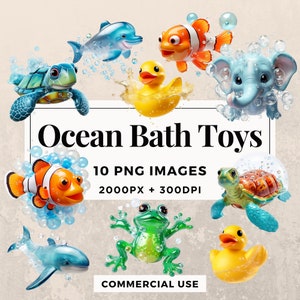 Pacchetto di clipart di 10 giocattoli da bagno sull'oceano DOWNLOAD IMMEDIATO 10 illustrazioni di giocattoli da bagno a tema oceano, sfondo PNG trasparente, uso commerciale. THS003