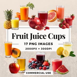 Pack de 17 tasses de jus de fruits à téléchargement immédiat 17 illustrations de boissons colorées, arrière-plan PNG transparent, usage commercial. THS003