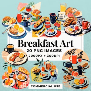 20 Frühstück Art Clipart Pack SOFORTIGER DOWNLOAD 20 künstlerische Frühstück Illustrationen, PNG transparenten Hintergrund, kommerzielle Nutzung. THS004