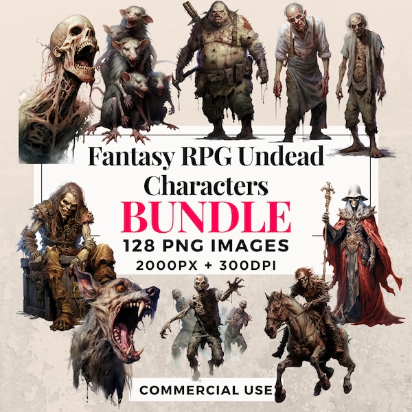 128 Fantasy RPG Undead Characters Clipart Bundle - Instant Download, PNG Images, Transparent Background, Personal & Commercial Use. THS003