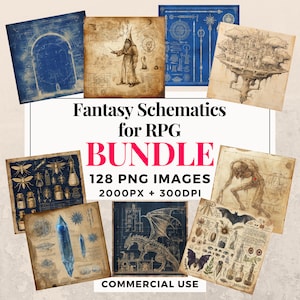 RPG 用ファンタジー設計図クリップアート バンドル 128 点 - 即時ダウンロード、設計図スタイルのイラスト、PNG 画像、商用利用。THS003