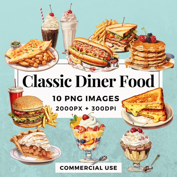 10 Classic Diner Food Clipart Pack INSTANT DOWNLOAD 10 Food Illustrations, PNG Transparent Background, Personal & Commercial Use. THS004