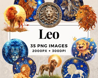 35 Leo Clipart Pack INSTANT DOWNLOAD 35 Zodiac Illustrations, PNG Transparent Background, Commercial and Personal Use. THS003