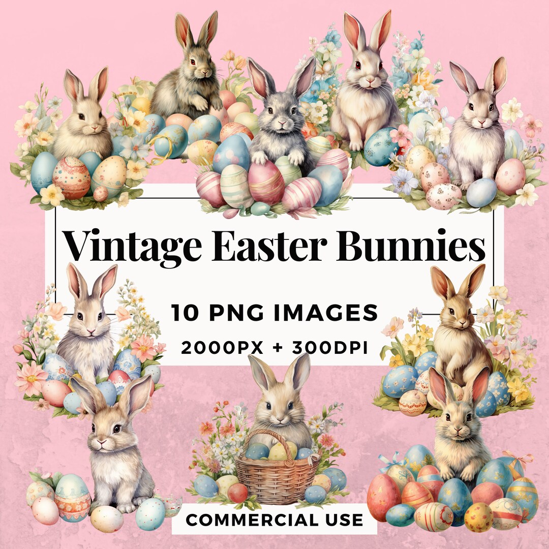 10 Vintage Easter Bunnies Clipart Pack INSTANT DOWNLOAD, PNG