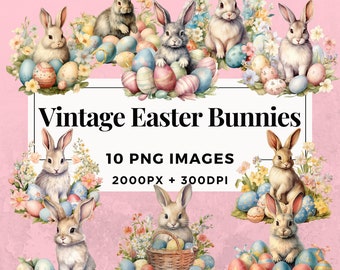 10 Vintage Easter Bunnies Clipart Pack - INSTANT DOWNLOAD, PNG Transparent Background, Personal & Commercial Use. THS006