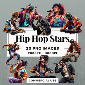 20 Hip Hop Stars Clipart Pack INSTANT DOWNLOAD 20 Hip Hop illustraties, PNG transparante achtergrond, persoonlijk en commercieel gebruik. THS001