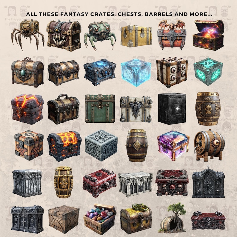 135 Fantasy Crates, Chests, and Barrels Clipart Bundle - Instant ...