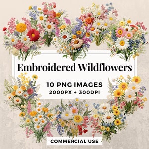 10 bestickte Wildblumen Clipart Pack - INSTANT DOWNLOAD, PNG transparenten Hintergrund, persönliche und kommerzielle Nutzung. THS003