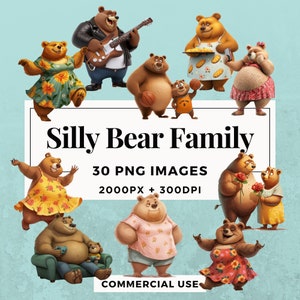 Pack de 30 cliparts de famille d'ours idiots TÉLÉCHARGEMENT IMMÉDIAT 30 illustrations de famille d'ours adorables, arrière-plan PNG transparent, usage commercial. THS004