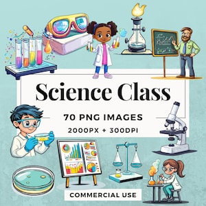 Pack de 70 cliparts pour cours de sciences TÉLÉCHARGEMENT IMMÉDIAT 70 illustrations amusantes sur le thème des sciences, arrière-plan PNG transparent, usage personnel. THS004