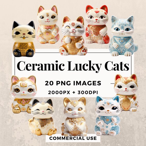 20 Ceramic Lucky Cats Clipart Pack INSTANT DOWNLOAD 20 Cat Figurine Illustrations, PNG Transparent Background, Commercial Use. THS003