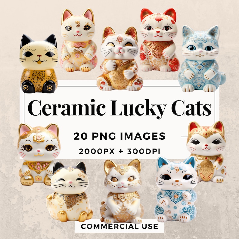 May include: A collection of 10 ceramic lucky cats in various colors and designs. The cats are all in a sitting position with their paws raised. The cats are all wearing traditional Japanese clothing. The text "Ceramic Lucky Cats" is written in a white banner at the top of the image. The text "20 PNG IMAGES" is written in a white banner below the cats. The text "2000PX + 300DPI" is written in a white banner below the "20 PNG IMAGES" banner. The text "COMMERCIAL USE" is written in a white banner at the bottom of the image.