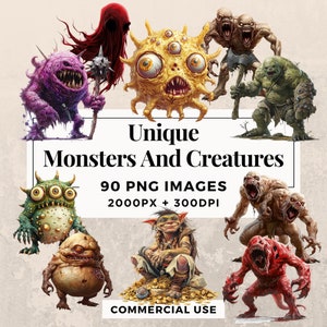 90 einzigartige Monster und Kreaturen Clipart Pack - INSTANT DOWNLOAD, PNG transparenten Hintergrund, persönlicher und kommerzieller Gebrauch. THS003