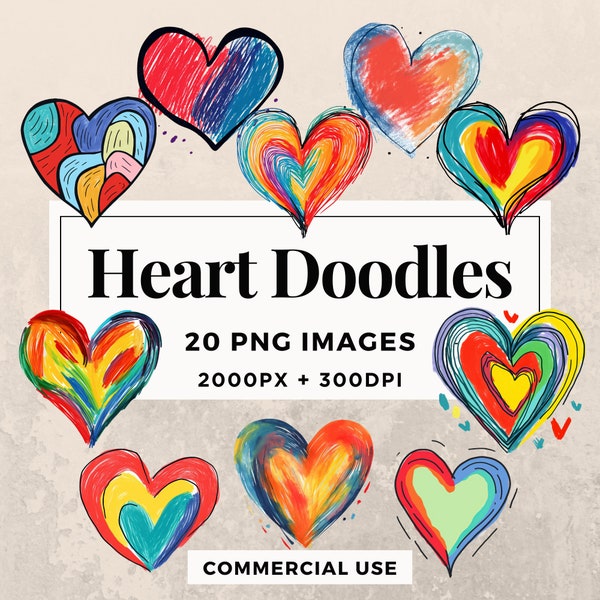 20 Heart Doodles Clipart Pack INSTANT DOWNLOAD 20 Playful Heart Illustrations, PNG Transparent Background, Personal & Commercial Use. THS003